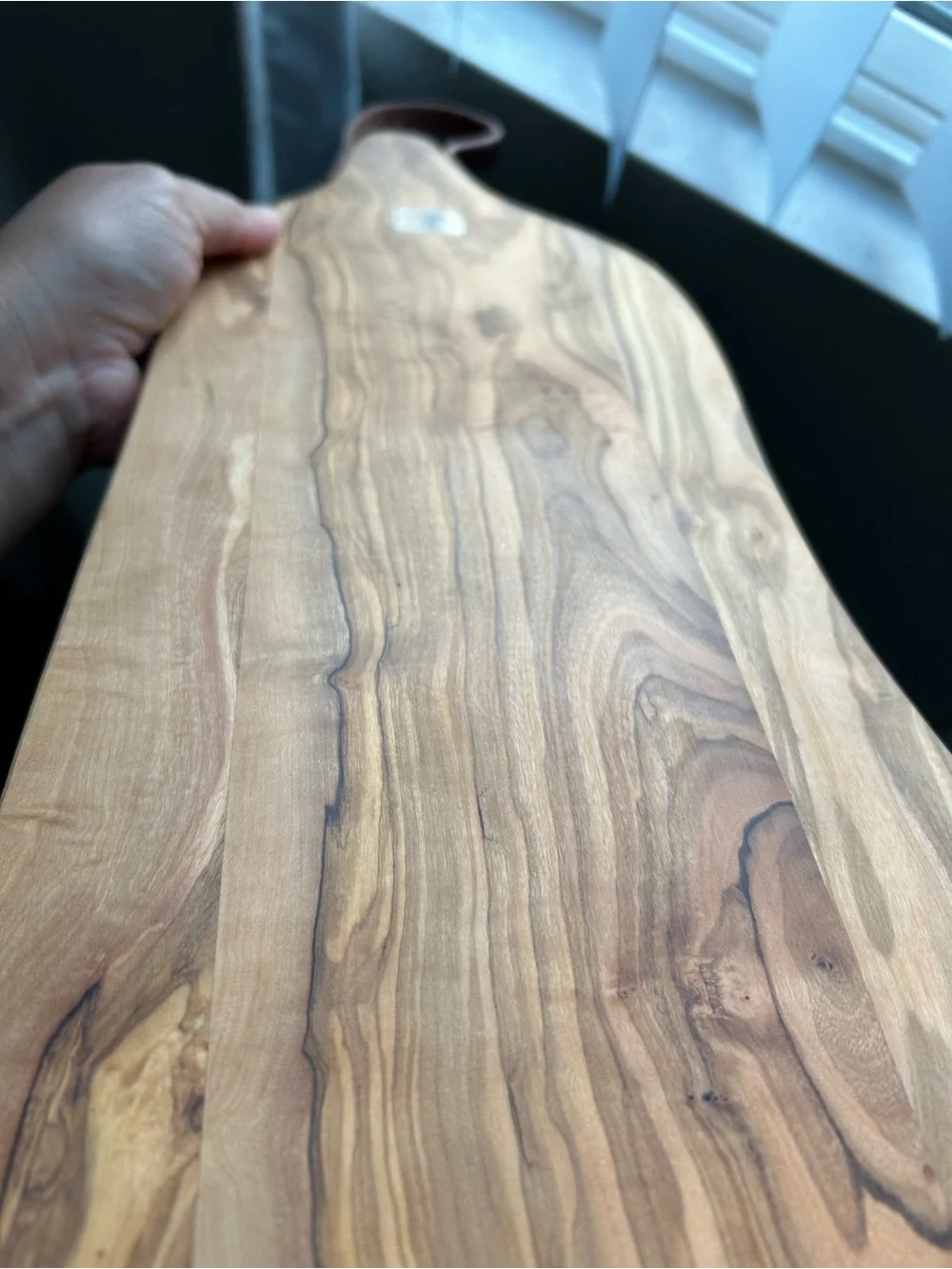 Crate&Barrel Olive Wood Serving Board with Brown Leather Loop